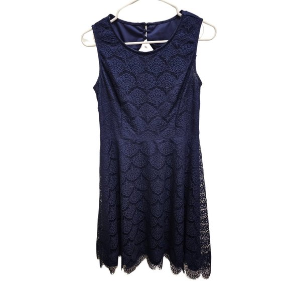 Jessica Simpson Navy Fit and Flare Lace Dress with Back Cutout - Picture 2 of 4